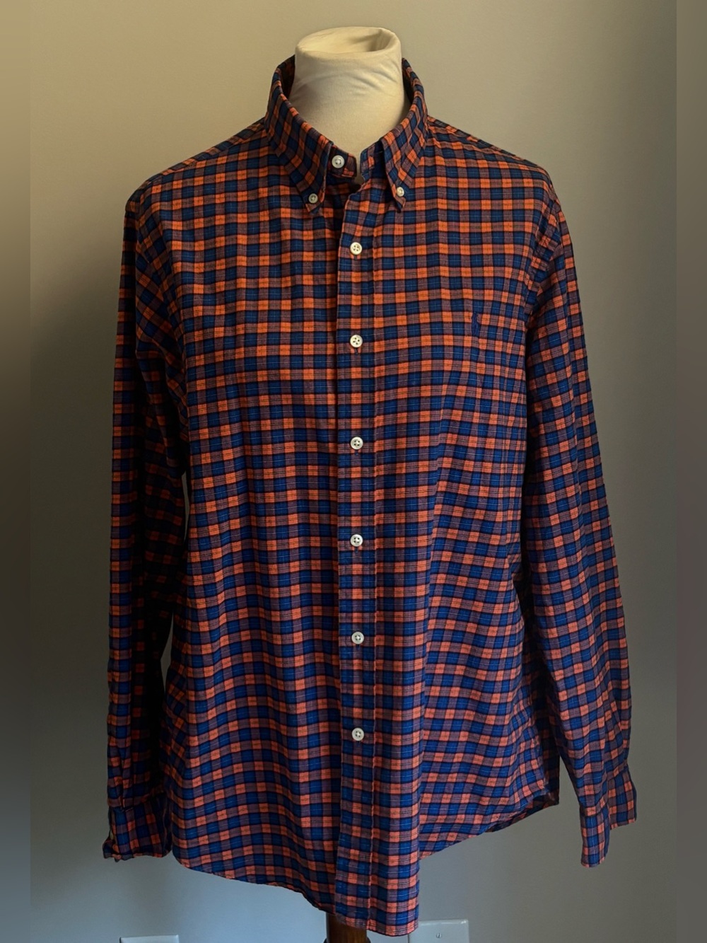 Ralph Lauren Long Sleeve 100% Cotton Button Down Plaid Shirt Blue/Orange Size L